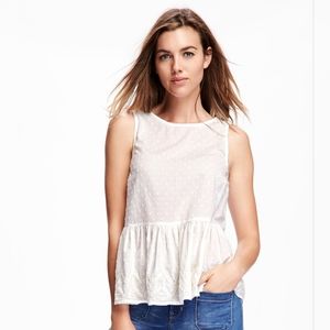 Women's Cute Old Navy Sleeveless Peplum Boho Top - Ivory Dot & Crochet Detail